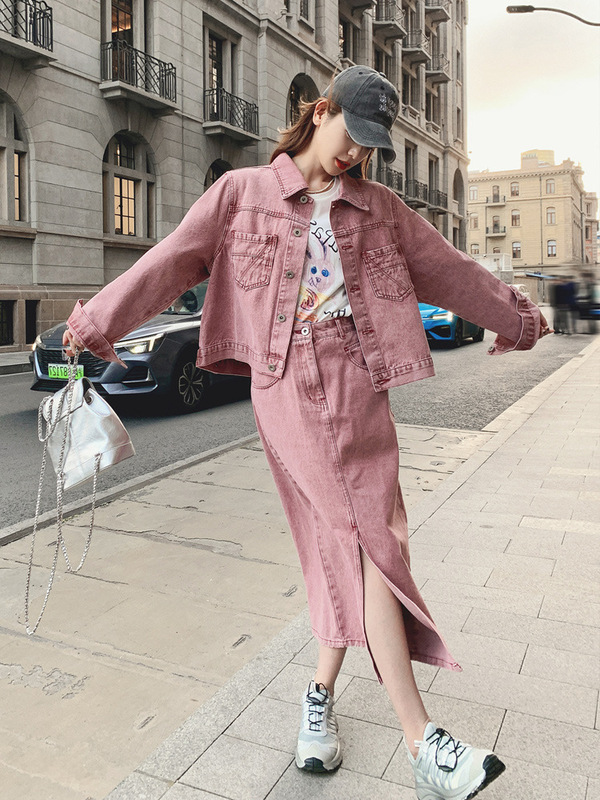 Real shot rose powder Denim coat women's autumn sweet cool style casual retro washed top skirt fashion suit