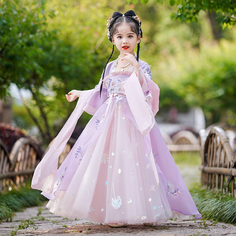 Purple Hanfu Girls' Exquisite Ancient Style Dress with Skirt, Children's Chinese Style Dress, Little Girl's Traditional Costume