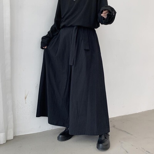 Designer Large Print Wide Leg Pants with Yohji Yamamoto Style Skirt Pants, Dark Black Samurai Pants, Barber Stylist Japanese Long Pants