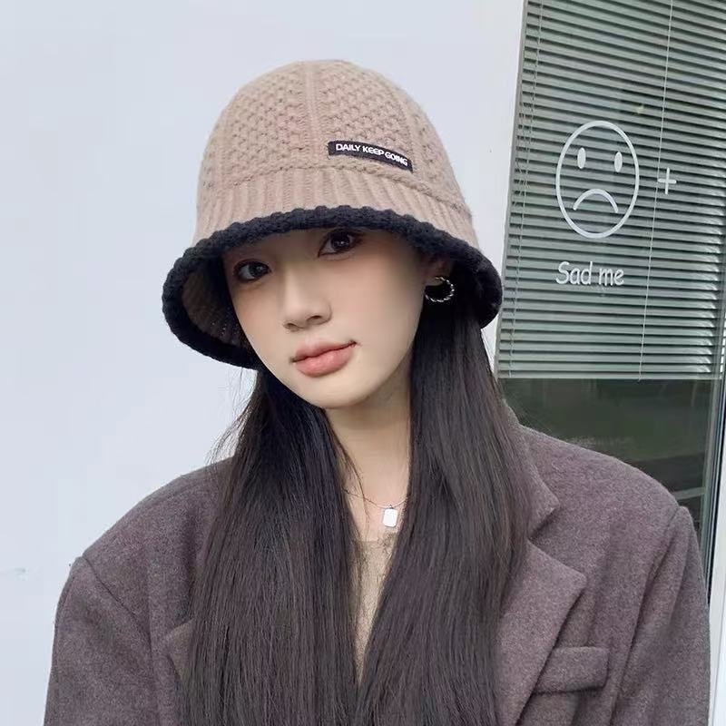 韩版毛线渔夫帽女秋冬保暖贴布字母盆帽时尚气质百搭针织水桶帽子|undefined