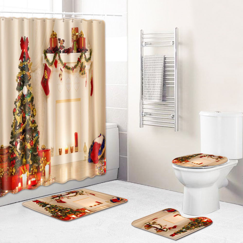跨境新款圣诞节浴帘雪人地垫卫生间防滑垫四件套三件套货源代发