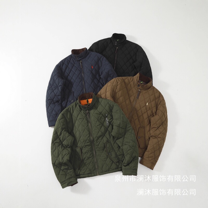 High-End Version of the Ralph Lauren Diamond-Patterned Stand-Collar Cotton Jacket with Henley Collar, Thin Cotton Outerwear Wholesale