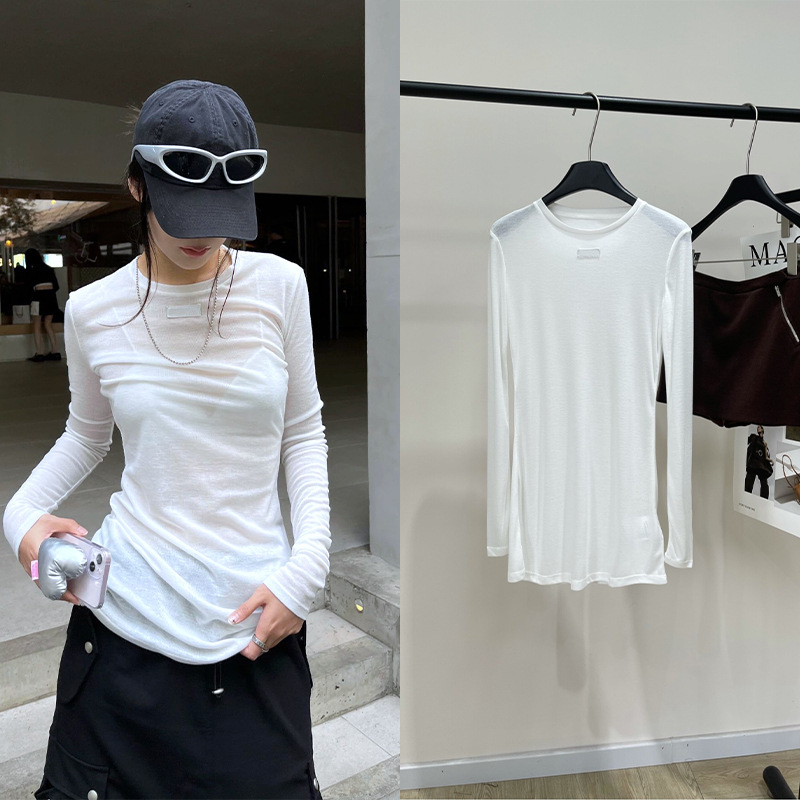 2025 Spring/Summer White Small Letter Transparent Stretch T-Shirt Slim Fit Versatile Stretch Cotton Women's Dress
