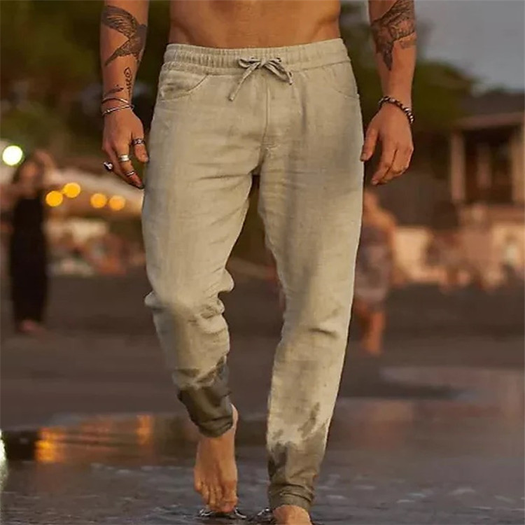Nuovi pantaloni casual da spiaggia larghi in lino di cotone tinta unita con coulisse_voghion.com