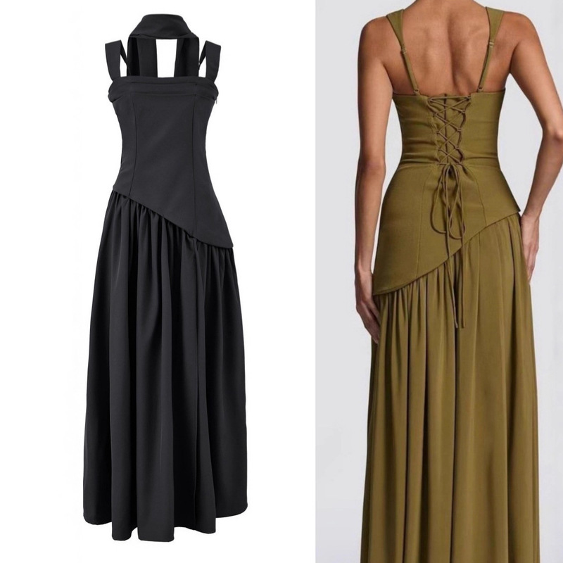 Foreign Trade French New Design High-End Retro Dress Skirt Scarf Decorated Waist Slit Suspender Dress