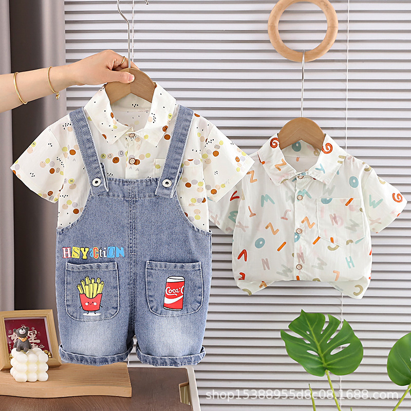 New Children's Summer Suit Short-Sleeved Cartoon Dinosaur Shirt Summer Style Boy's Tie Summer Baby Two-Piece Suit