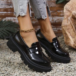 2024 new patent leather bright tassel mid-heel retro loafers European and American plus size foreign trade fashion casual shoes