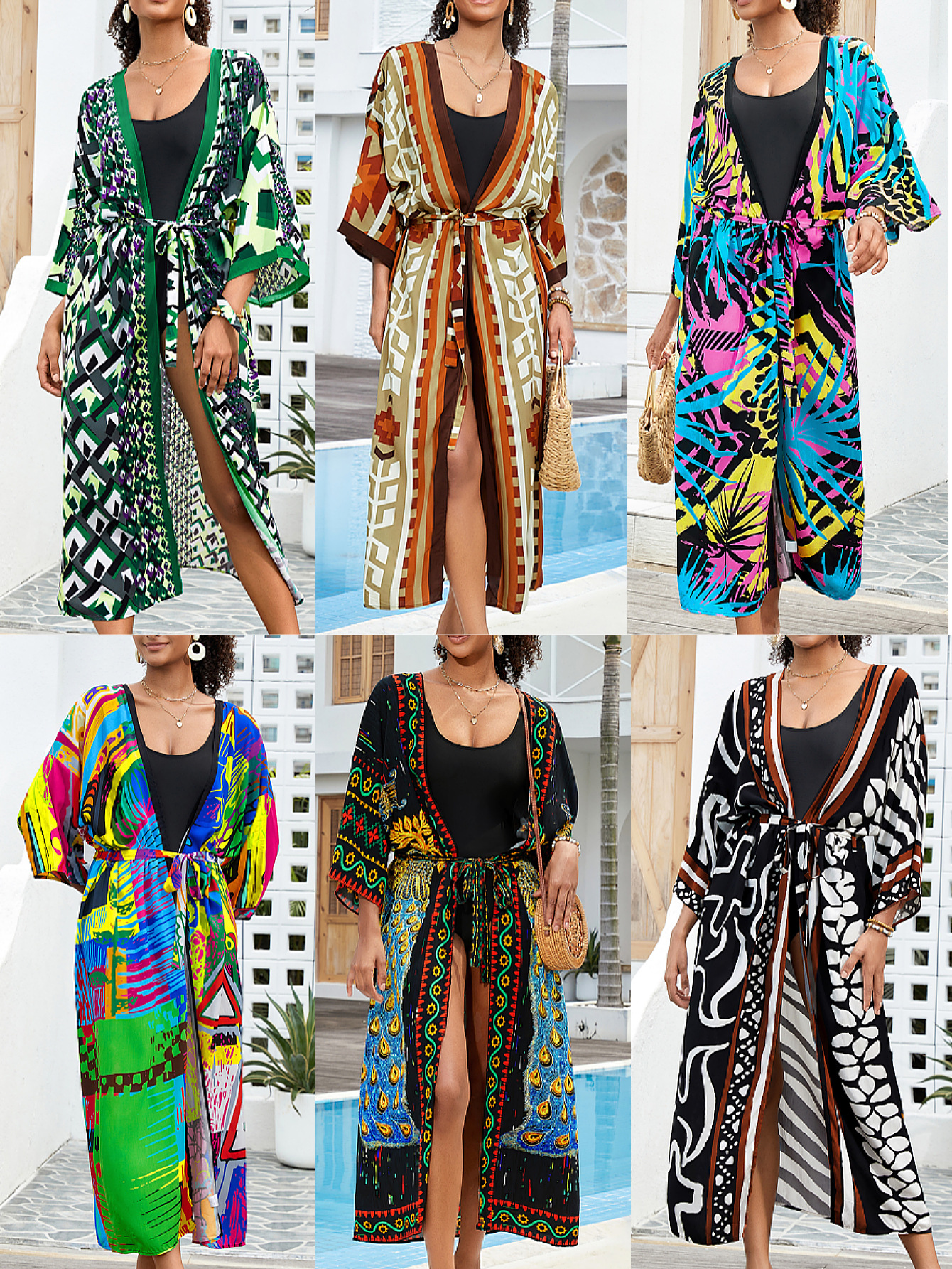 Blusa de playa Cárdigan con estampado de rayón Cárdigan largo bohemio Bikini Protector solar Camisa en traje de baño B006