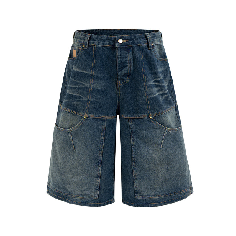 American Retro Style Large Pocket Indigo Workwear Denim Shorts Unisex Loose Wide-Leg Vintage Lumberjack Workwear Knee-Length Shorts