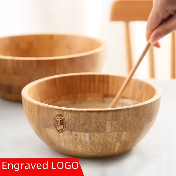 Japanese-Style Household Salad Wooden Bowl for Mixing and Preparing Herbal Masks, Large Bamboo Bowl with Engraved Text and Custom Logo