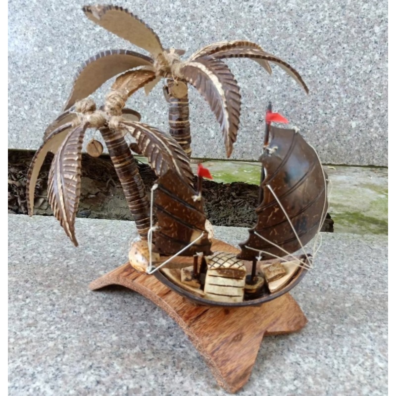 海南椰雕工艺品儿童居家摆件一帆风顺帆船椰子树旅游景点工艺礼品
