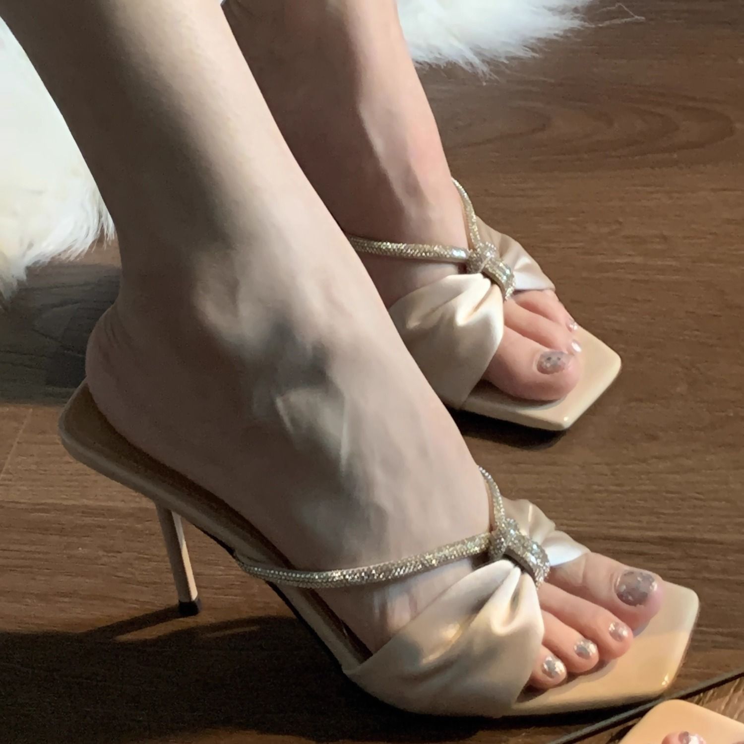 Nude Satin Rhinestone Strap Sandals For Women 2024 Summer New Bow Open Toe Outdoor High Heel Slippers_vogvips.com
