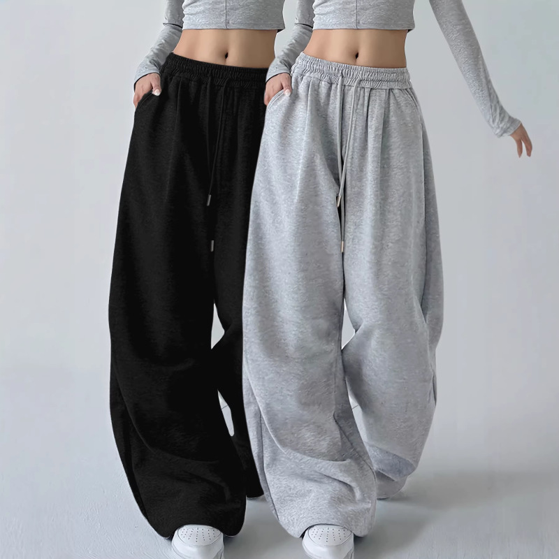 Women's Casual Sports Pants with Elastic Drawstring Waist, High-Waisted Pockets, Loose Simple Wide-Leg Joggers