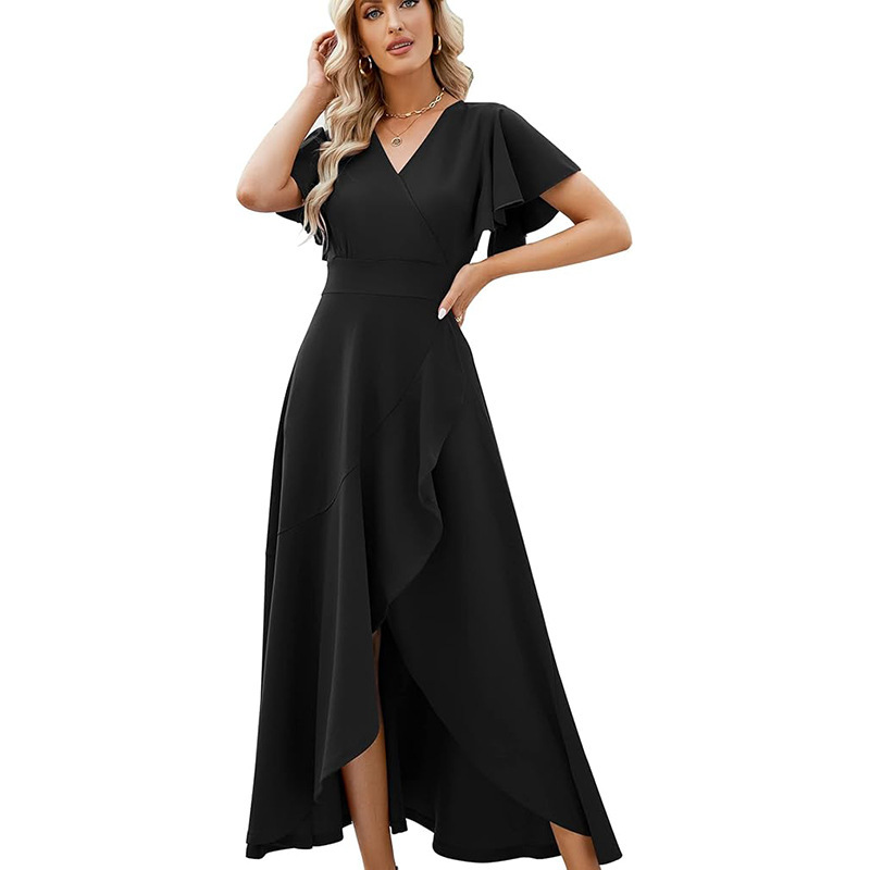 Cross Border Long Black Formal Dress Women's Evening Cocktail Dress Split Elegant V-Neck Wrap Pleated