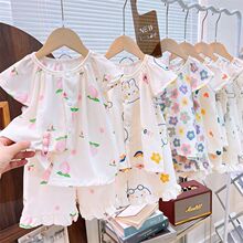 夏日新品儿童飞袖睡衣套装彩虹兔图案桃色公主睡衣3-6岁女童棉绸