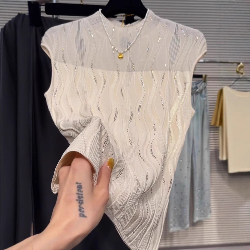 2025 New Summer Style Beige Water Ripple Hot Diamond Sleeveless Knitwear for Women, Chic, Slim and Versatile Top