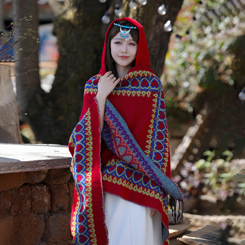 Etnische stijl rode sjaal verdikte warme omslagdoek vrouwen reizen met Yunnan Xinjiang Xizang cape capuchon mantel_voghion.com