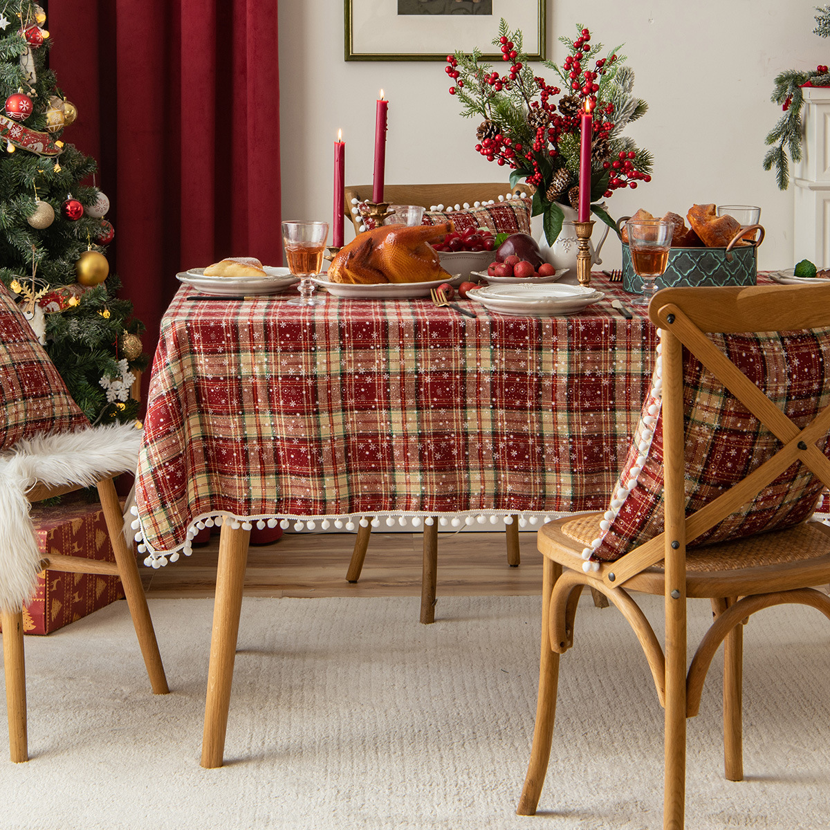 圣诞桌布ins亚马逊跨境餐桌布装饰毛球西餐桌垫棉麻雪花餐布台布