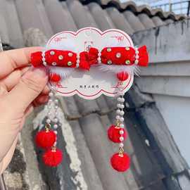 新年款儿童发饰汉服古风小女孩发夹立体糖果点钻毛球流苏发卡批发
