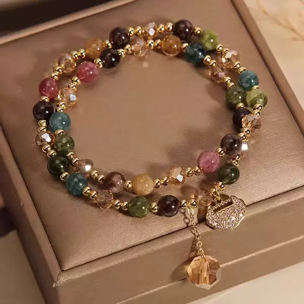 New Double-Circle Colorful Tourmaline Bracelet for Women, Ins-Style Light Luxury Niche High-End Longevity Lock Bracelet, Gift for Best Friend