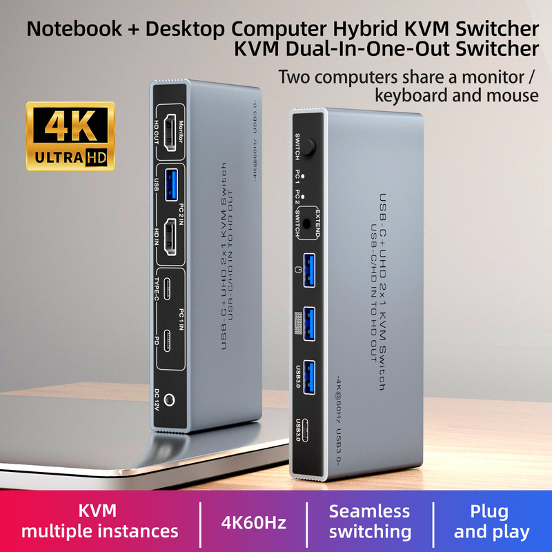 Usb-C+Hdmi Kvm Switch 2-In-1-Out Docking Station Kvm2X1 Allows Laptop and Host to Share a Single Monitor