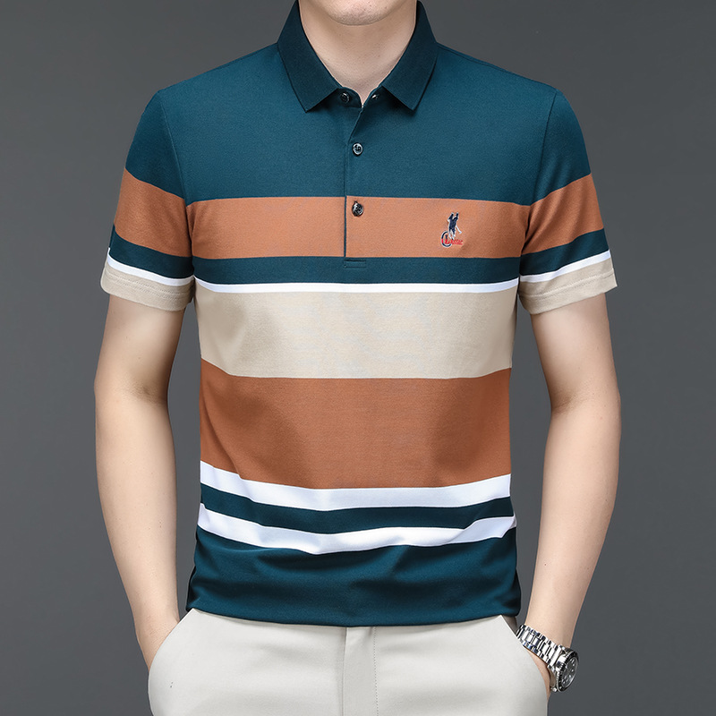 Exclusivo transfronterizo para verano nuevo estilo de algodón bordado de manga corta camiseta de hombre a rayas casual solapa de gran tamaño camisa POLO para hombre