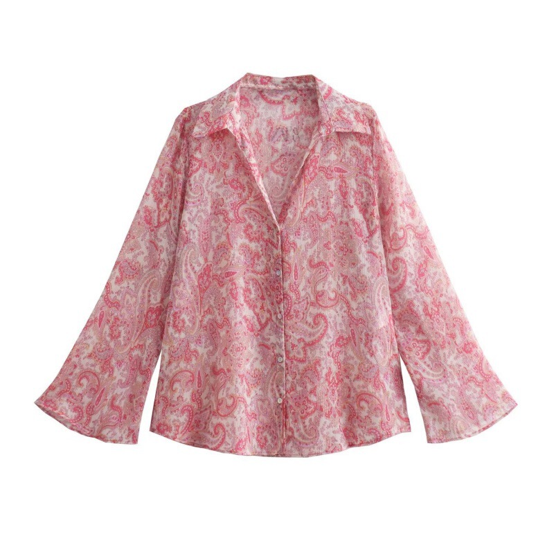 Wholesale foreign trade wholesale cross-border women's autumn lapel versatile bell sleeve top paisley printed shirt 842