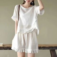 シングル/セット純綿広脚セット女性夏綿麻大サイズ不規則tシャツゆるいレースパンツ2セット