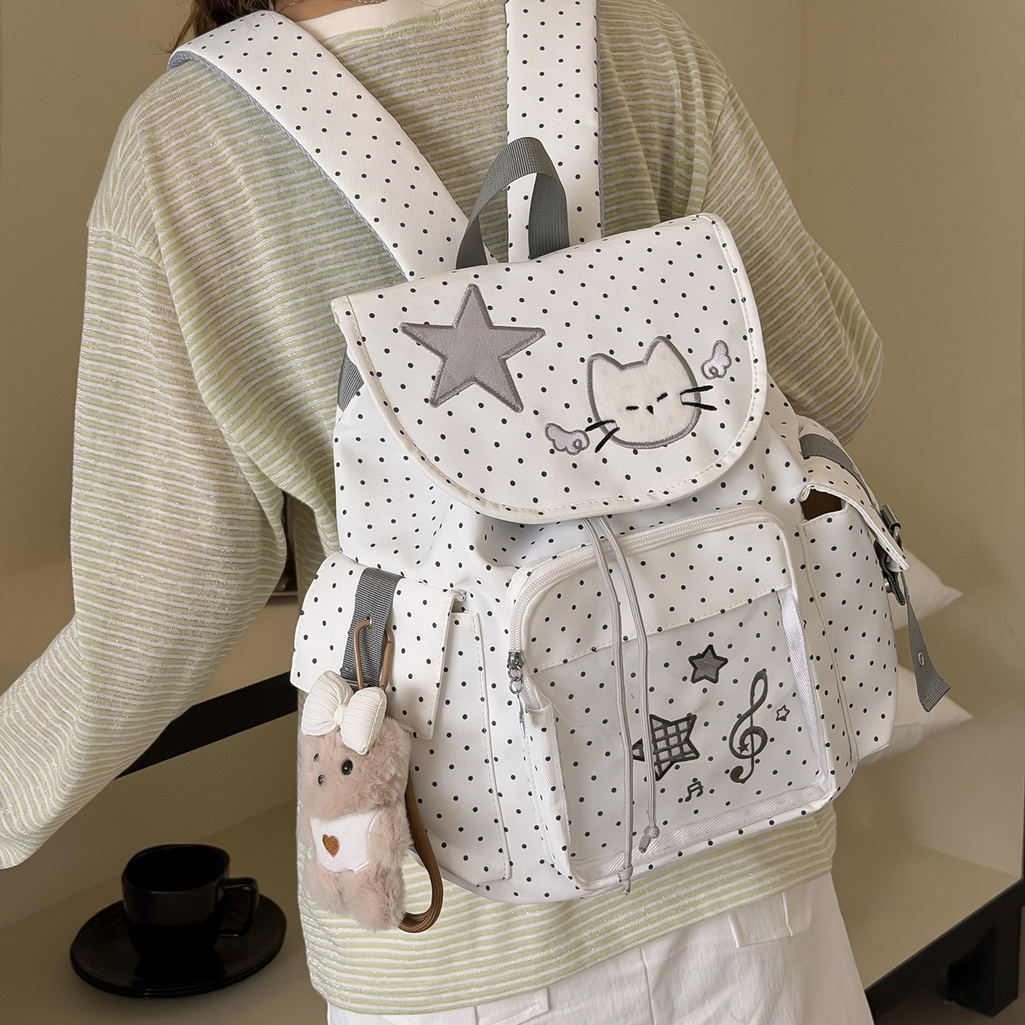 Fashionable Star Polka Dot Travel Backpack, Outdoor Leisure Hiking Nylon Backpack, Drawstring Design Backpack for Women