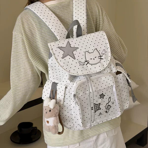 Fashionable Star Polka Dot Travel Backpack, Outdoor Leisure Hiking Nylon Backpack, Drawstring Design Backpack for Women