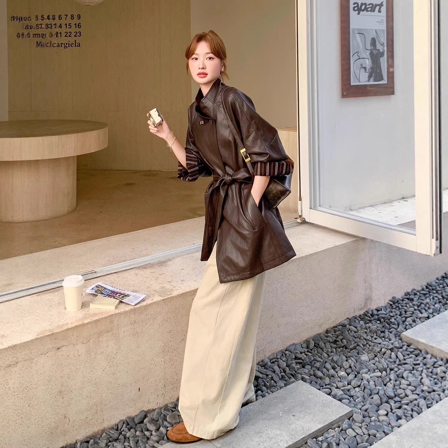 Korean Feminine Lace-Up Waist Mid-Length Leather Jacket 2025 Spring & Fall Plaid Stitching Brown Pu Leather Windbreaker Jacket