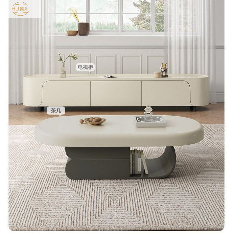 작은 아파트 입장 고급 커피 테이블 거실 홈 하이 엔드 감각 타원형 인터넷 연예인 솔리드 우드 간단한 록 보드 커피 테이블 TV 캐비닛