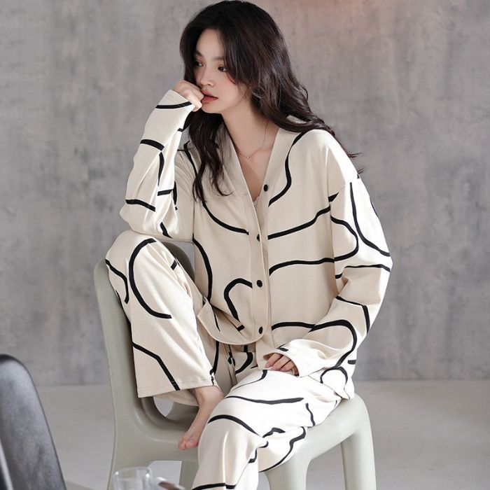 Al por mayor transfronterizo primavera y otoño nuevo cuello en V monje cuello de algodón leche cardigans pijamas de manga larga ropa doméstica de dibujos animados de mujer