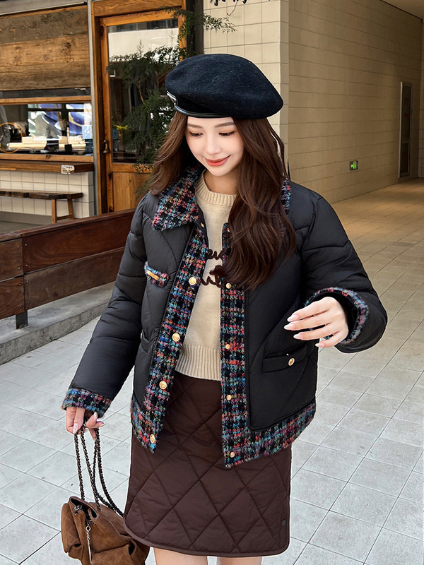 小香风羽绒棉服女2025新款气质宽松彩边撞色短款棉衣保暖冬装外套|undefined
