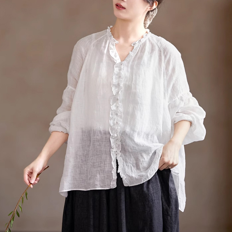 Summer new white 35 English ultra-fine hemp fungus lace light transparent fairy air sunscreen shirt