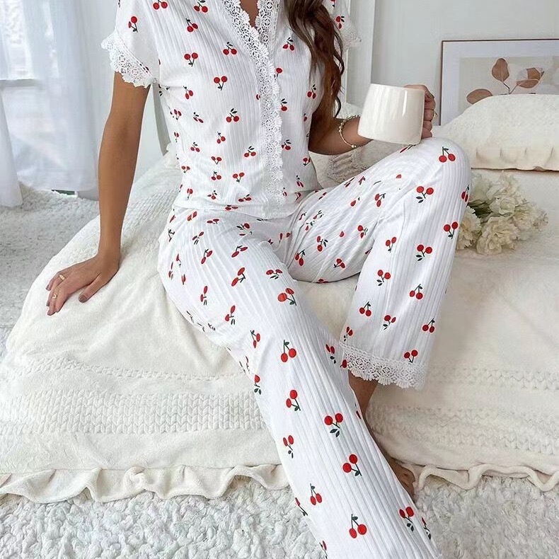 Cross-border European and American Style Women's Pajamas Autumn and Winter Sexy V-neck Lace Cherry Printed T-shirt Slim-fit Trousers Home Clothes
