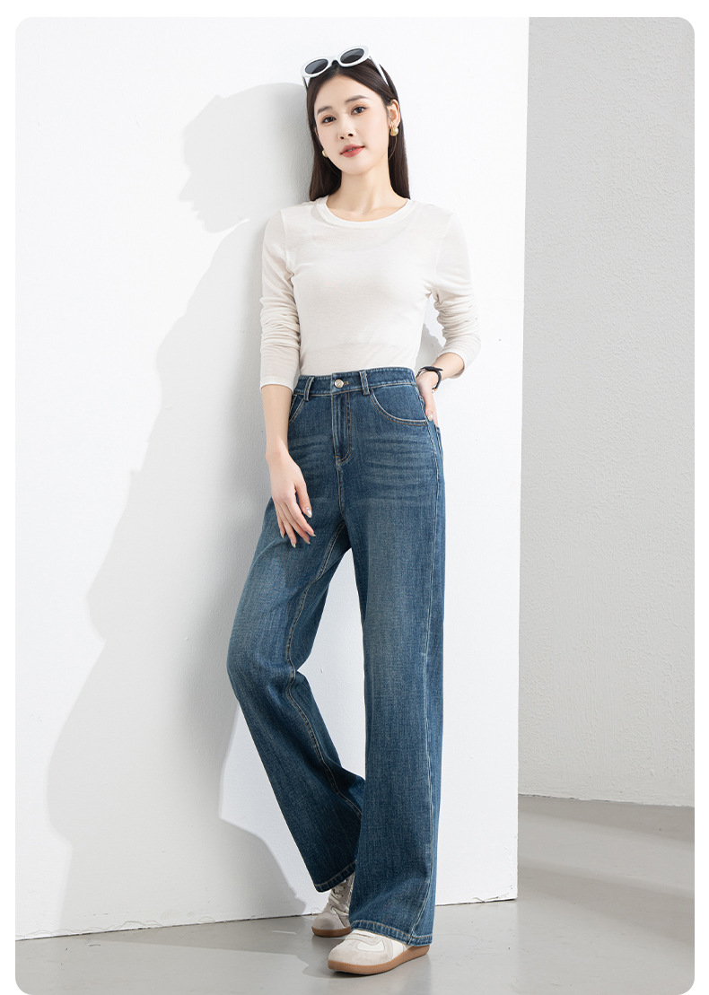 Quần jean nữ ống rộng cạp cao 4 chiều co giãn dáng suông dài 9 phần — Màu xanh - chiều dài quần lửng (94M) chi tiết 20