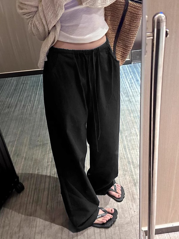 亜麻のワイドパンツの女性の夏の薄いタイプの高腰の垂れ下がった感がゆったりしていて、やせています。|undefined
