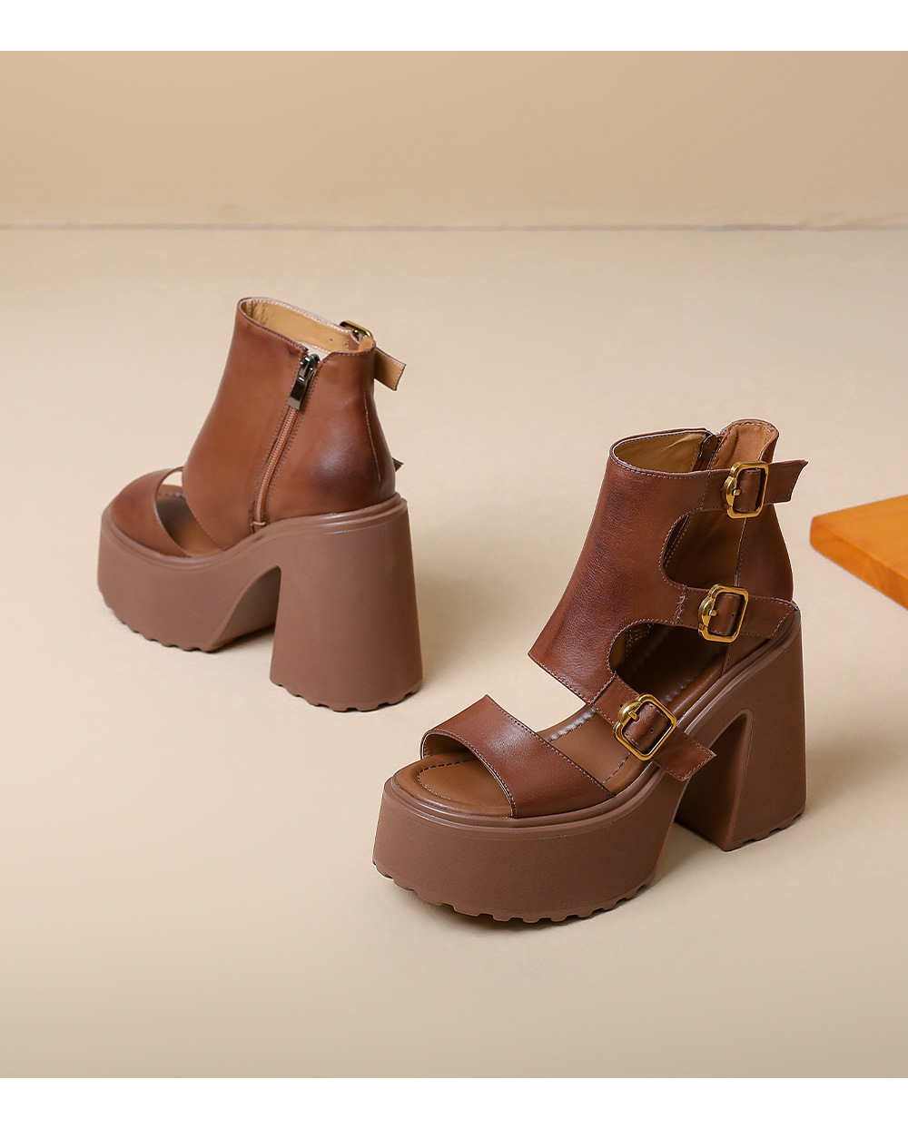 Sandal cao gót nữ da bò mũi hở quai khóa, gót 12 cm, cổ ngắn mùa hè — màu nâu, màu đen chi tiết 17