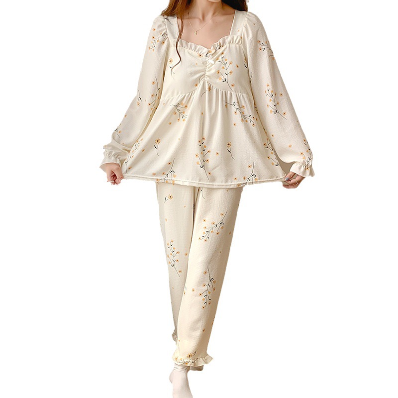 Princesa estilo simple pijamas de las mujeres tejido crepe cuello en V algodón manga larga Otoño e Invierno dulce desgaste del hogar con almohadilla de pecho traje