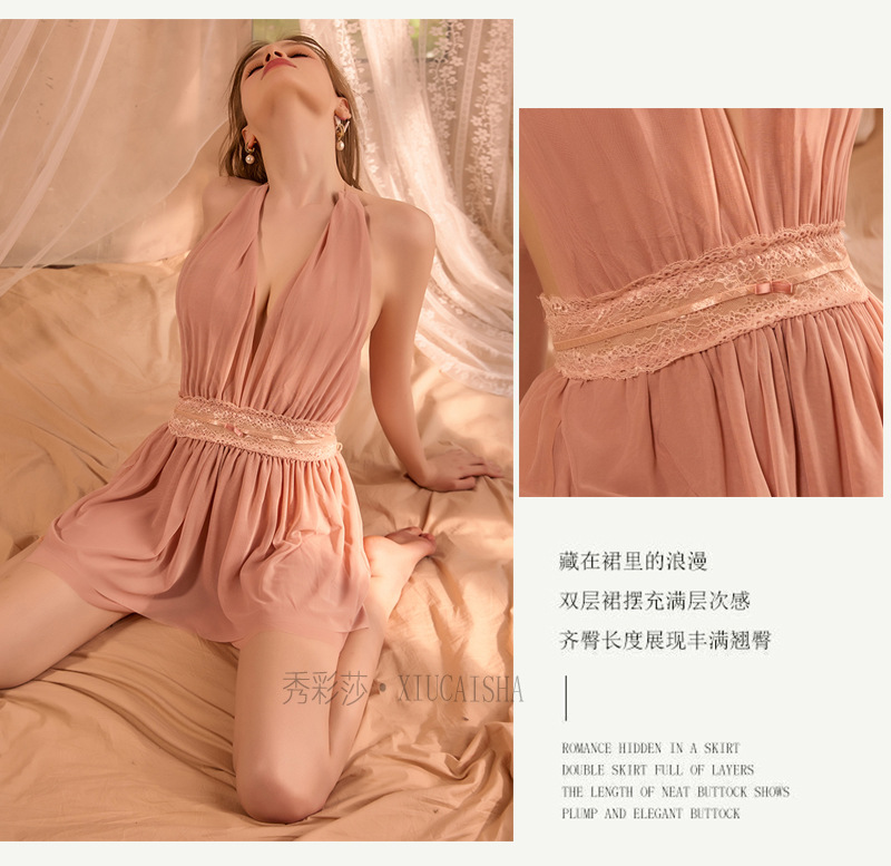 Pleated Halter Mesh Babydoll Set with Deep-V Neckline and Matching Panty — detail image 17