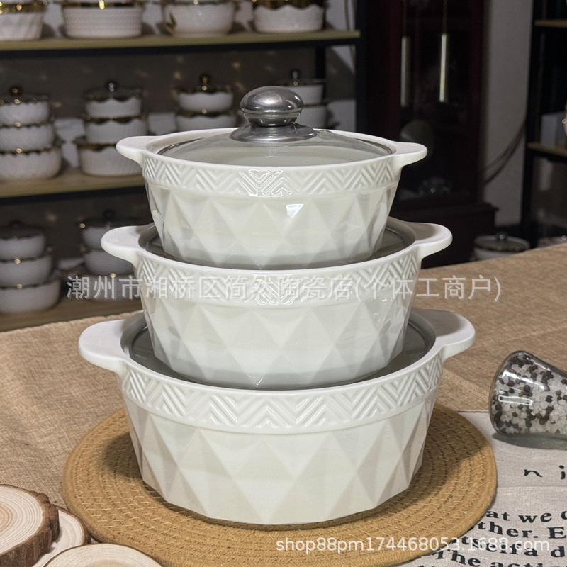 Manufacturers mass produce and wholesale sets of three ceramic soup pots for export to China, featuring popular diamond-shaped embossed designs