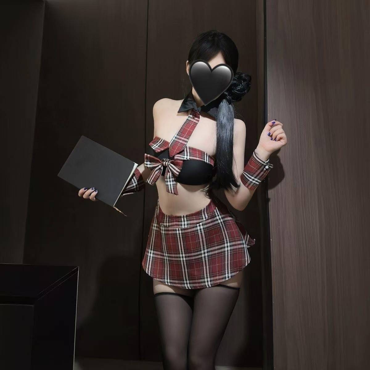 Crimson Plaid JK Uniform Lingerie Set with Pleated Skirt and Garters — detail image 2