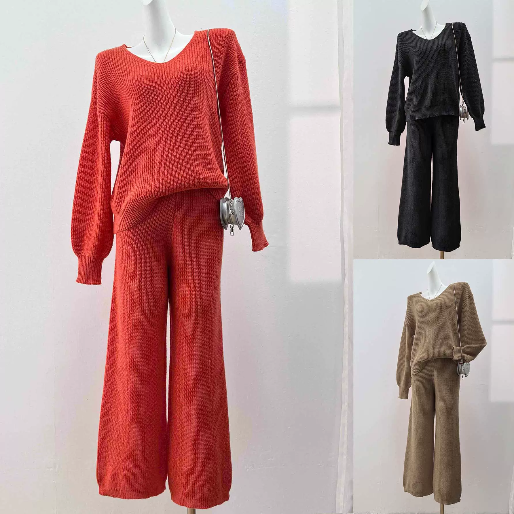 女士简约时尚毛织套装女装V领宽松上衣+纯色阔腿直筒裤毛衣两件套
