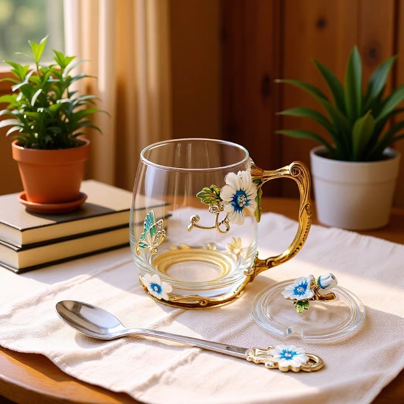 Flower Tea Cup with Lid, Creative Living Room Breakfast Cup, Light Luxury Milk Cup, Enamel Color Women's Coffee Cup, Household Glass Cup