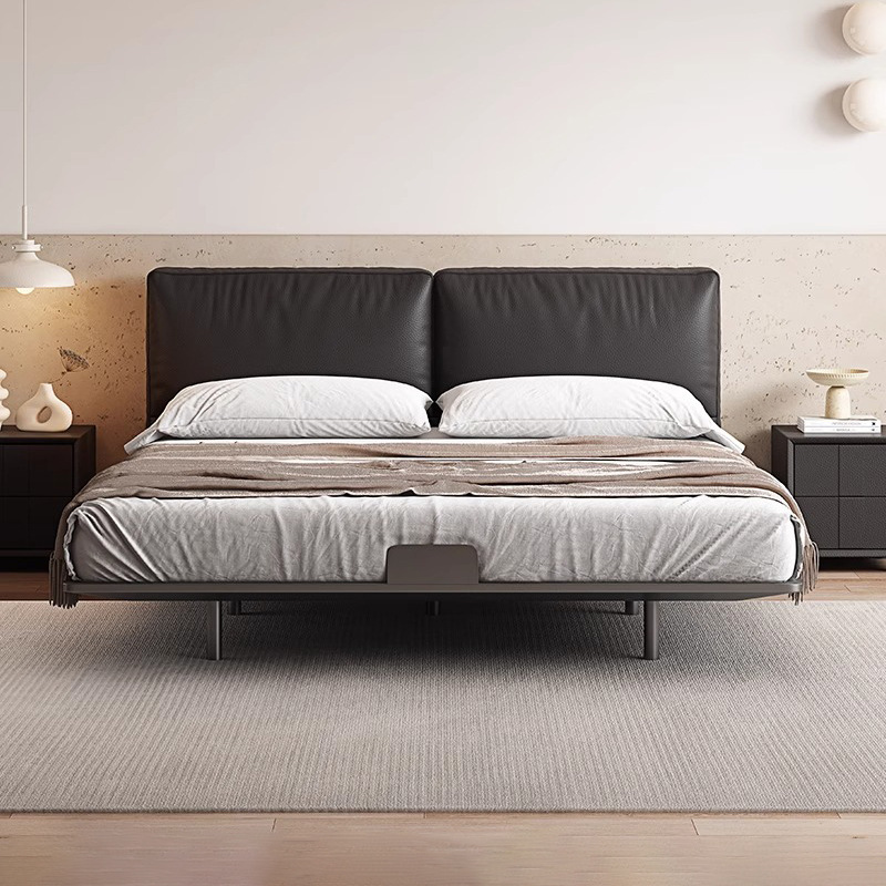 Cama suspendida con bloque de tofu negro, marco de cama de acero al carbono, dormitorio principal minimalista italiano, cama de boda doble, cama de cuero