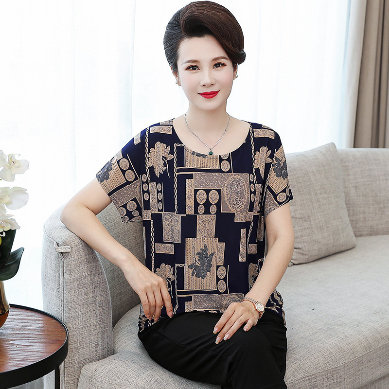 Women's Clothing, Mother's Clothing, T-Shirts, Large Size Women's Short-Sleeved Shirts, Tops for 40-50 Years Old, Loose-Fitting, Round Neck, Fashionable and Versatile