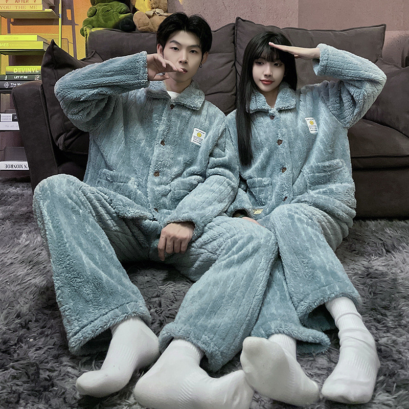 Superior coral azul pijamas pareja de felpa solapa Otoño e Invierno cardigan manga larga engrosada caliente desgaste del hogar traje
