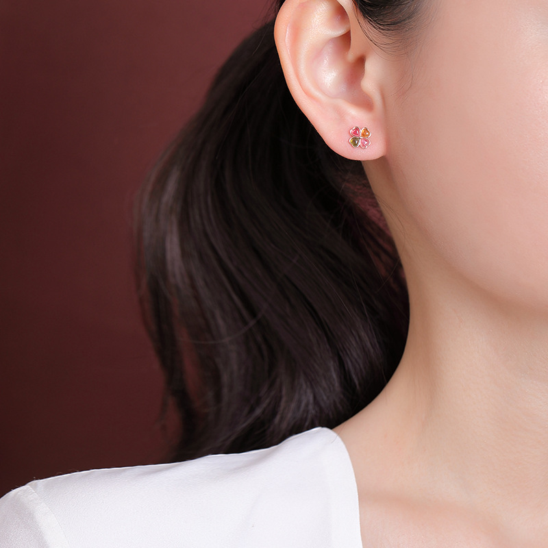 Bông tai bạc S925 mạ vàng hồng đính tourmaline hình cỏ bốn lá trái tim — Một cặp (màu ngẫu nhiên của tourmaline)
