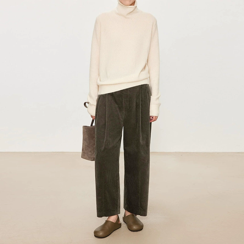 2024 Autumn/Winter Velvet Corduroy Wide-Leg VTG-Waist Grandma Pants with Three-Dimensional Striped Texture